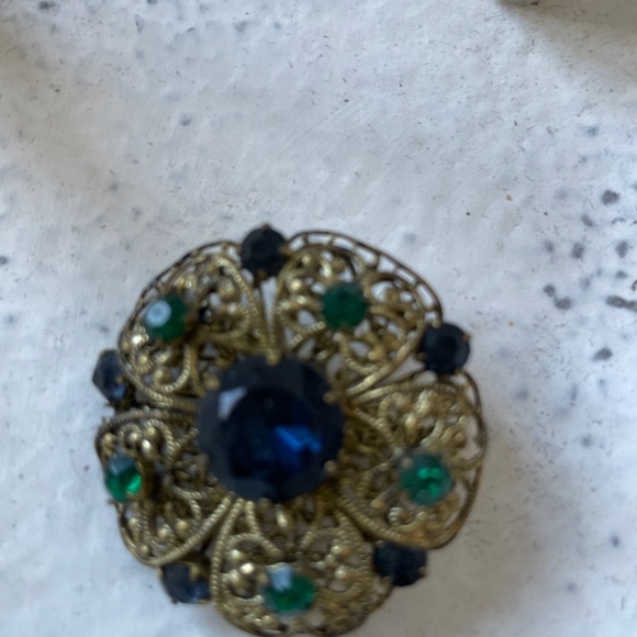 ❤️ VINTAGE EMERALD GREEN & BLUE BROOCH PIN - Picture 3 of 4